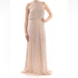 ADRIANNA PAPELL Light Cream Pink Sleeveless Halter Full-Length Prom Gown Reemoly